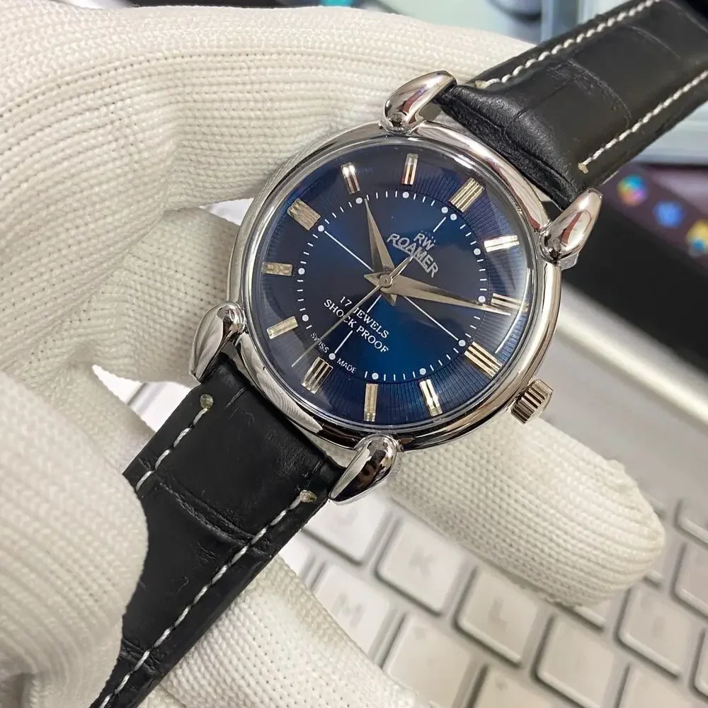 Vintage 1979 Roamer Manual Mens Silver Watch W/Leather Strap & Blue accents